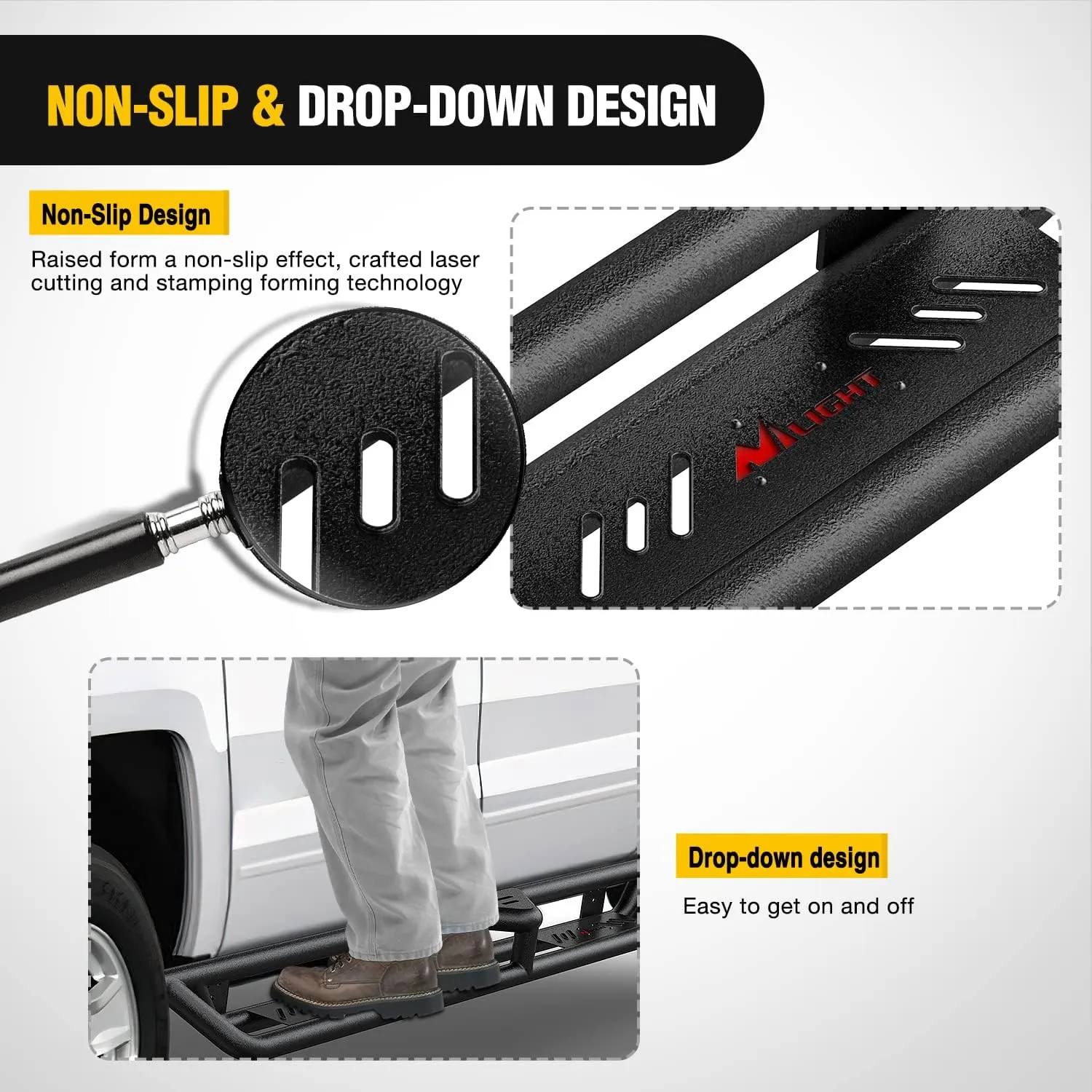 2007-2018 Chevy Silverado/GMC Sierra 1500 | 2007-2019 Chevy Silverado/GMC Sierra 2500HD 3500HD Extended Running Boards Dual-Stage Textured Powder Coated Side Step Nerf Bars Running Boards