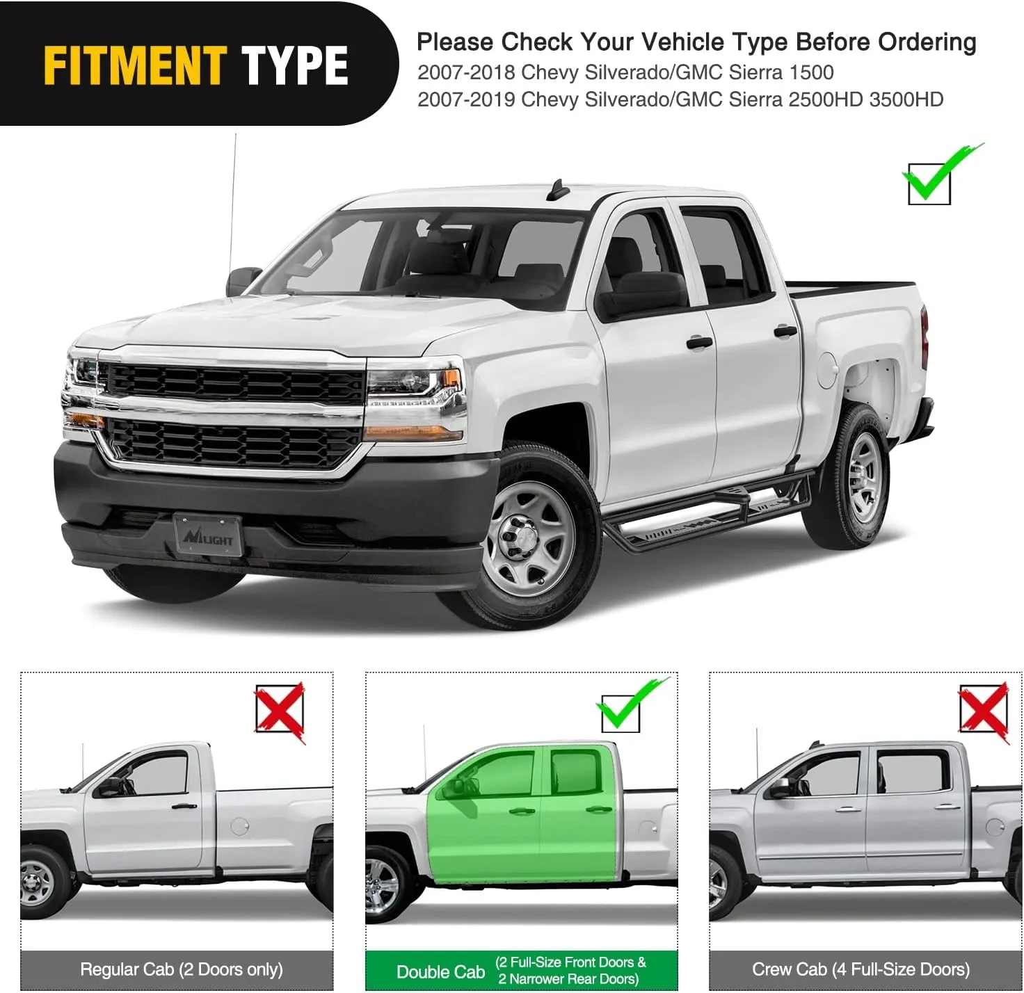 2007-2018 Chevy Silverado/GMC Sierra 1500 | 2007-2019 Chevy Silverado/GMC Sierra 2500HD 3500HD Extended Running Boards Dual-Stage Textured Powder Coated Side Step Nerf Bars Running Boards