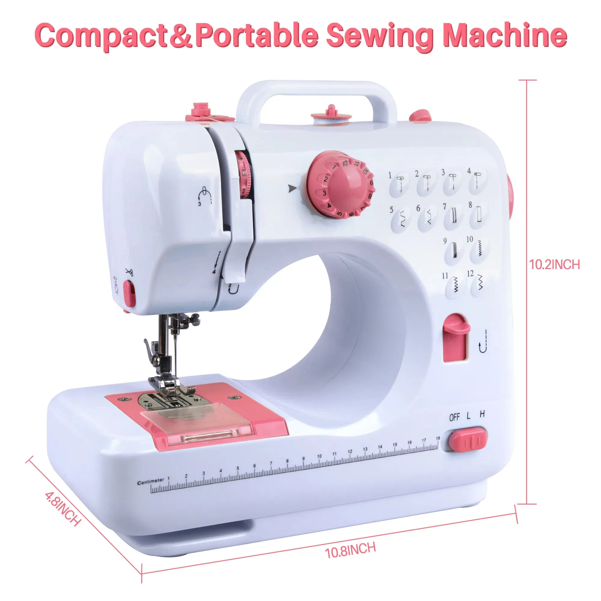 BCOOSS Sewing Machine for Beginner Multi-Functional Portable Machine with 12 Built-in Stitches,Pink