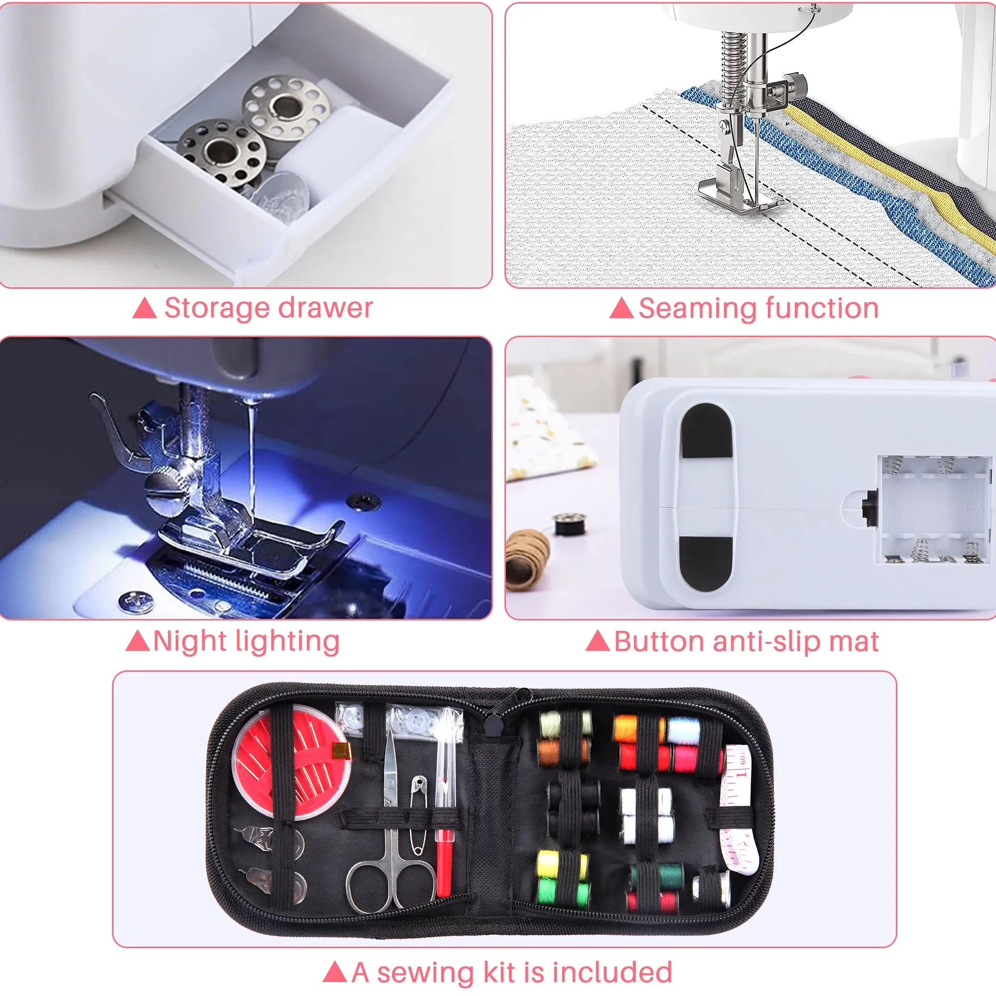 BCOOSS Sewing Machine for Beginner Multi-Functional Portable Machine with 12 Built-in Stitches,Pink