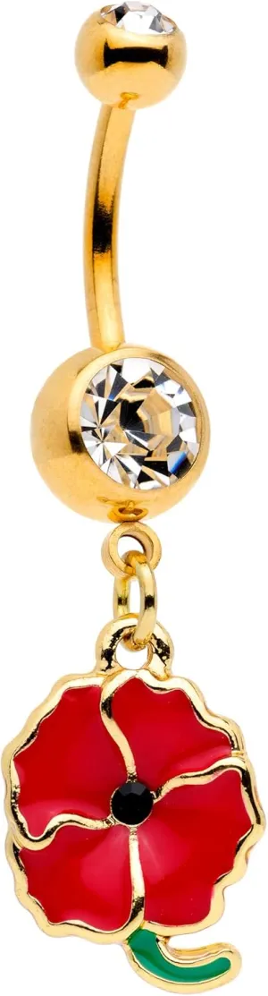 Body Candy 14G 3/8" Gold Tone PVD Steel Navel Ring Piercing Red Poppy Flower Dangle Belly Button Ring 10mm