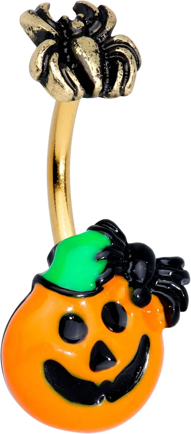 Body Candy Womens Plated Steel Navel Ring Piercing Spider Orange Pumpkin Double Mount Belly Button Ring