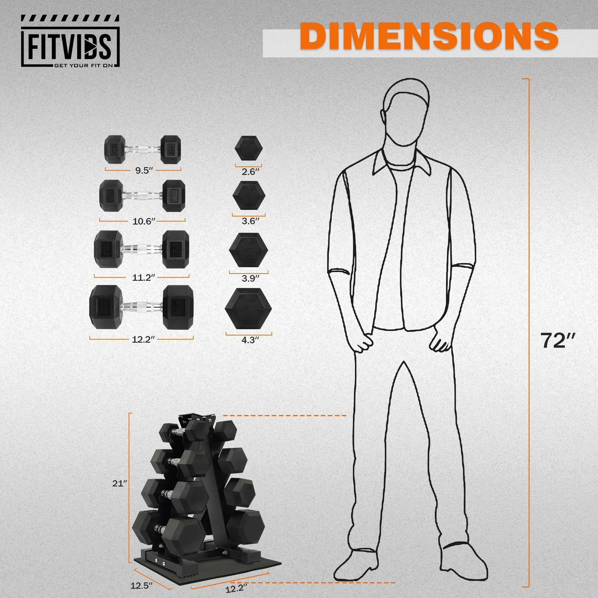 Fitvids Dumbbell Set with Rack, Rubber Coated Hex Dumbbell Weights in 100lbs, 5, 10, 15, 20lbs Pair