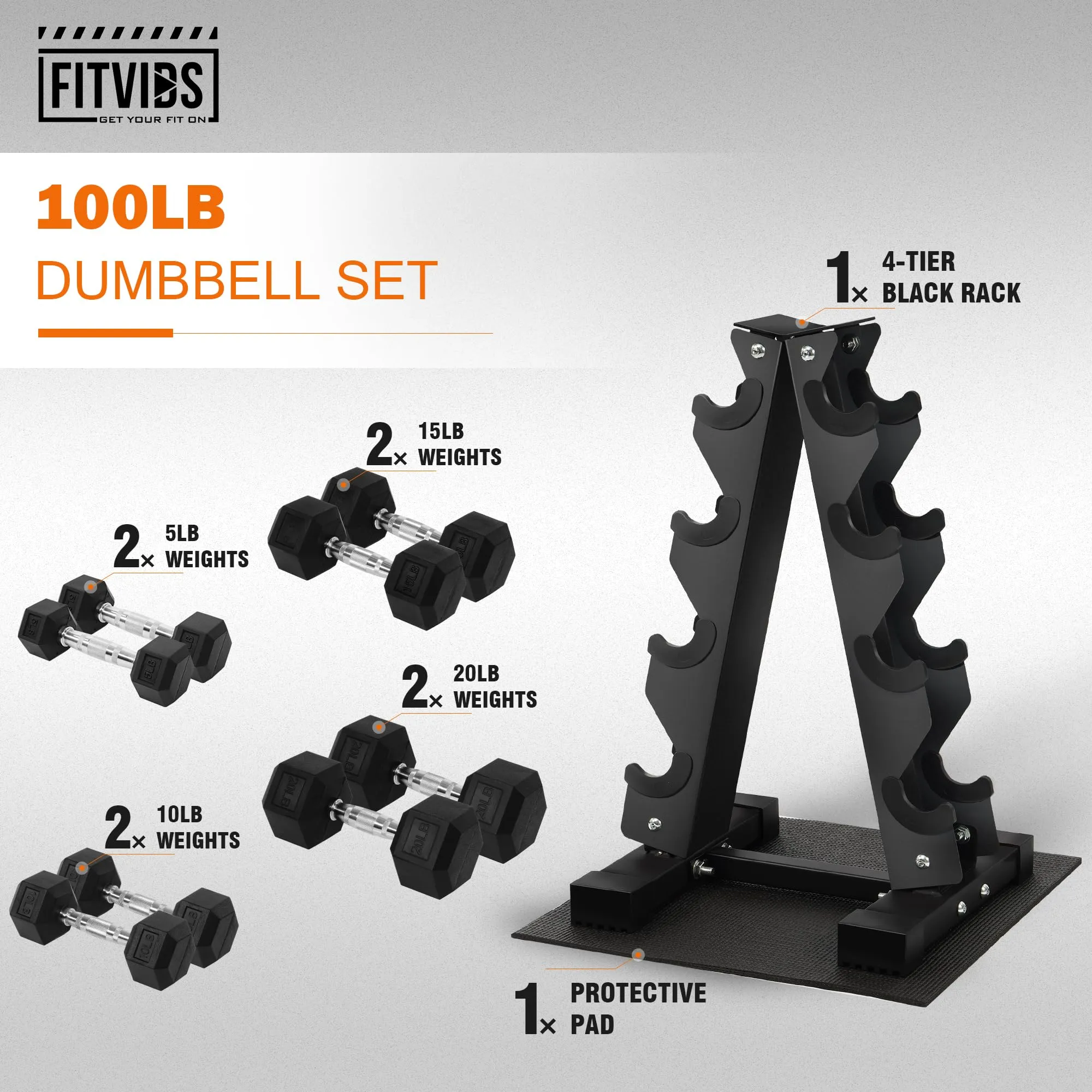 Fitvids Dumbbell Set with Rack, Rubber Coated Hex Dumbbell Weights in 100lbs, 5, 10, 15, 20lbs Pair