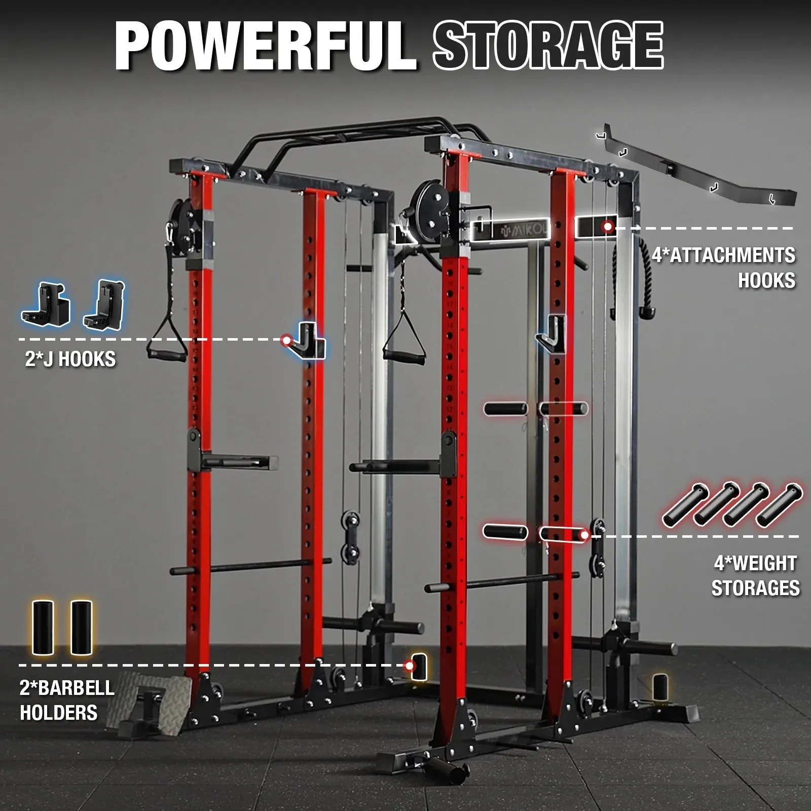 Mikolo Power Rack Cage PC07, 2200 lbs Weight Rack with Cable Crossover Machine,Multi-Function Squat Rack with J Hooks,Dip Bars and Landmine for Home Gym (Red), Plate Loaded