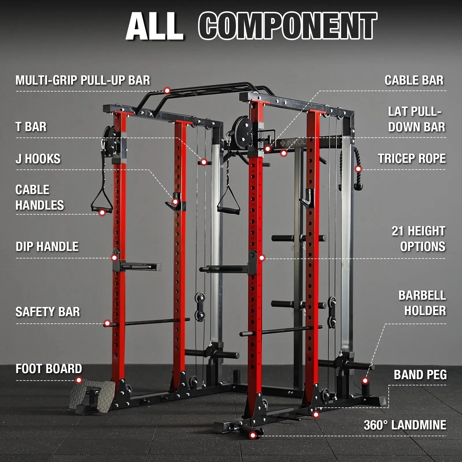 Mikolo Power Rack Cage PC07, 2200 lbs Weight Rack with Cable Crossover Machine,Multi-Function Squat Rack with J Hooks,Dip Bars and Landmine for Home Gym (Red), Plate Loaded