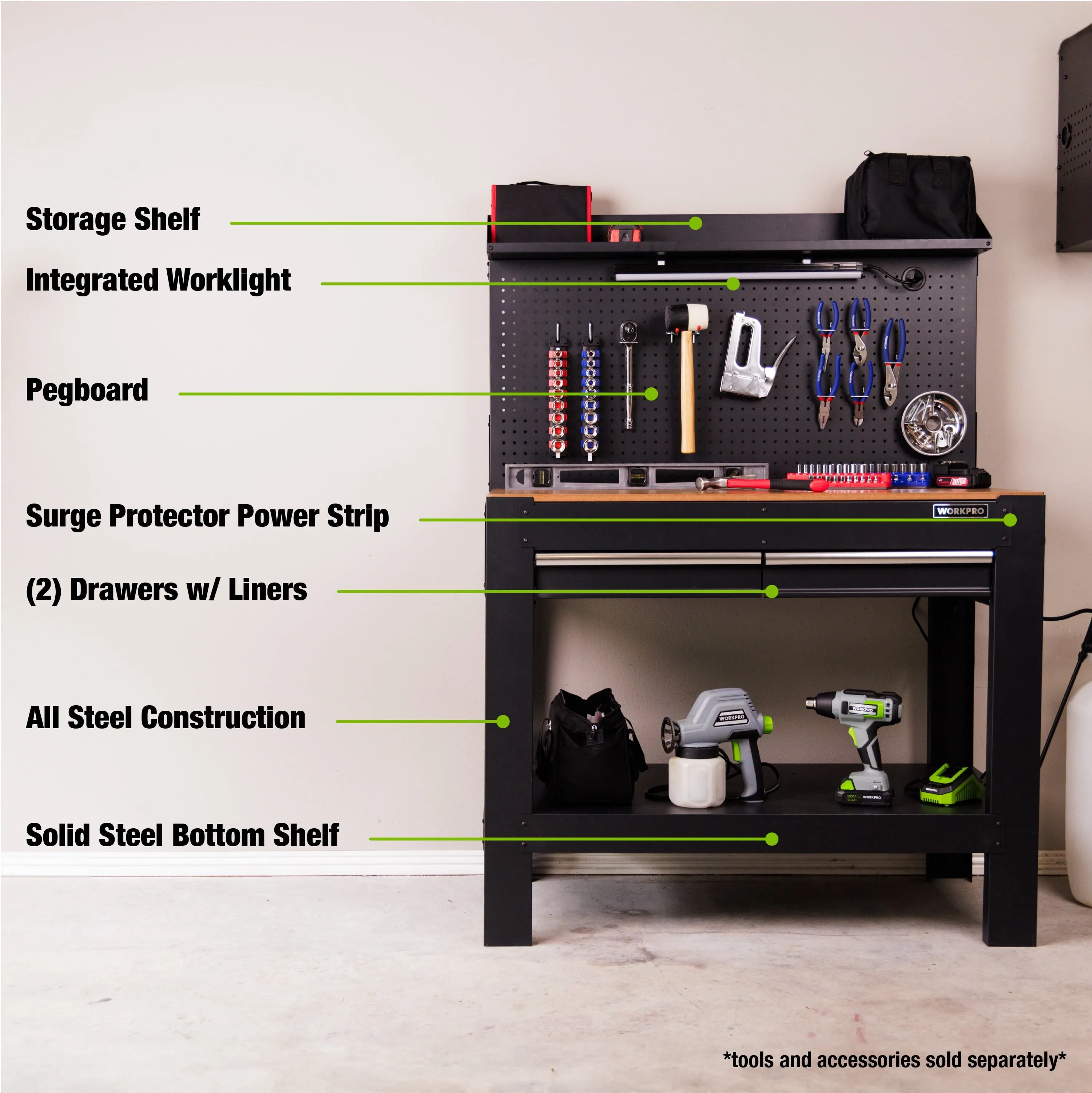 Workpro 45-in Multipurpose Workbench with LED Light & Power Strip, Steel